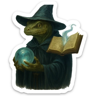 Add a floating magic book to the lizard man wizard, keeping the fantasy magical style. The image should have no background. sticker
