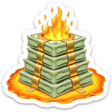Transform the stack of money into lava money: make the bills appear to be melting and turning into glowing, molten lava with realistic textures and dramatic lighting. Keep the background transparent. The style should reflect a realistic molten lava effect with glowing and melting details. sticker