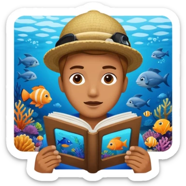 une personne qui lit un panneau afin d'en apprendre plus sur la vie marine  sticker