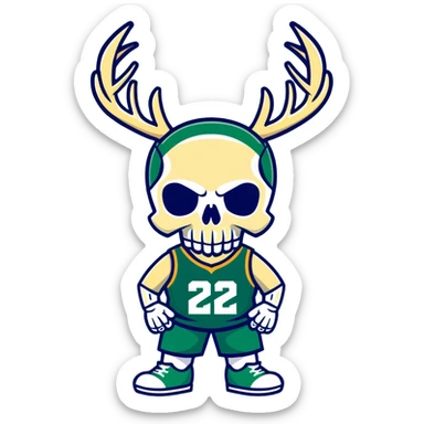 cool skull in Milwaukee Bucks basketball team colors (dark green, cream, and blue) sticker