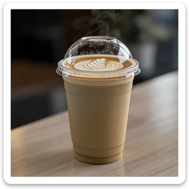 steaming latte in a plastic to-go cup with a domed lid, condensation on cup, photorealistic sticker