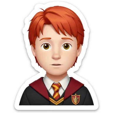 Ron Weasley with red hair, freckles, and Gryffindor school uniform sticker