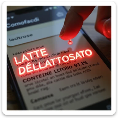 macro shot of a food label with 'LATTE DELATTOSATO (contiene lattosio <0.1%)' glowing red, a man's finger pointing at the text, phone screen showing a Google search for 'Lattasi sintetica effetti collaterali', and a floating lactose molecule adding a dramatic touch, hyper-realistic sticker