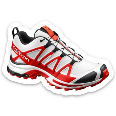 Ultra simplified white Salomon XT-6 shoes with just a red colored line across the middle, one behind the other, completely white design except for the colored center line sticker