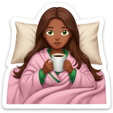 woman with very long brown hair and green eyes in a light pink blanket sleepy with coffee sticker