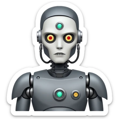 black metal Tatooed robot with radar, big many tatooes on chest, neck and face, white tatoo on face sticker