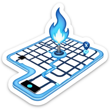 a map with a glowing blue flame on the x and networking paths sticker