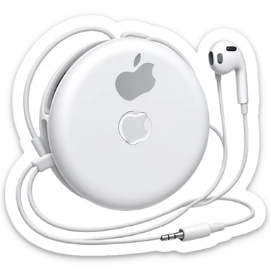 White Apple EarPods with cord coiled in a circle, white wired headphones neatly wrapped in circular shape, iOS style sticker