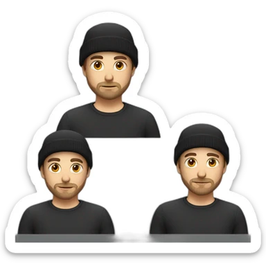 white guy with black beanie hat and small beard sticker