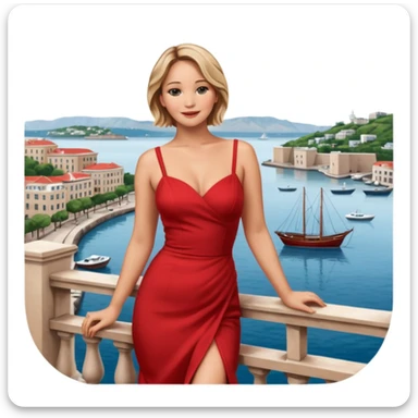 jennifer lawrence, red dress leaning on a balcony with a harbor and cityscape in the background, smiling sticker