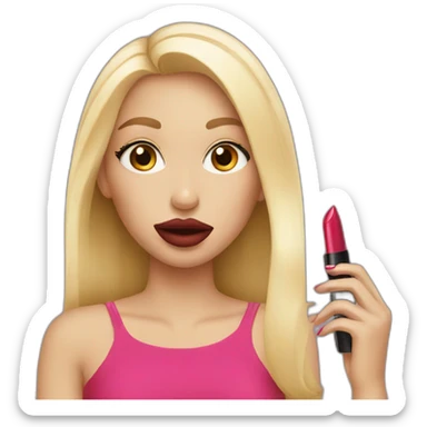 Blonde girl apply lipstick sticker