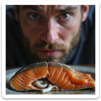 man looking surprised at a slice of raw salmon noticing small white worms inside the fish meat, realistic 4K style sticker