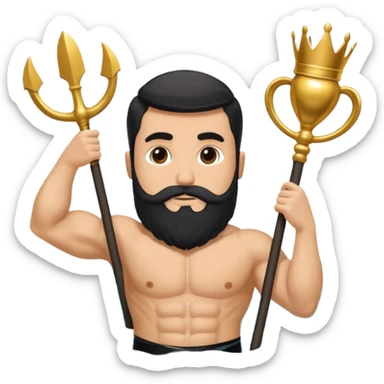 vull un perosnatge estil bimoji que sigui alt i fort amb una musculatura marcada i poderosa. Té una barba espessa i el cabell arriba fins a l'alçada del coll. Se'l representa amb la indumentària real i una corona al cap. Que tingui cara d'enfadat. sticker