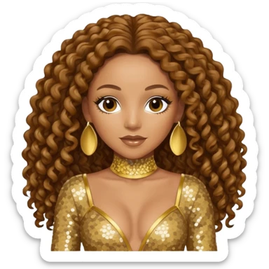 Mel B from Spice Girls with long brown curly hair, gold sequin outfit sticker