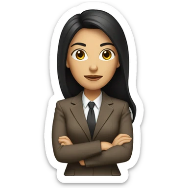 Female defense attorney with long black hair with brown suit sticker