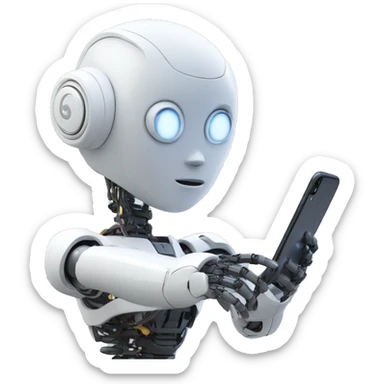 a humanoid robot looking at his iphone sticker