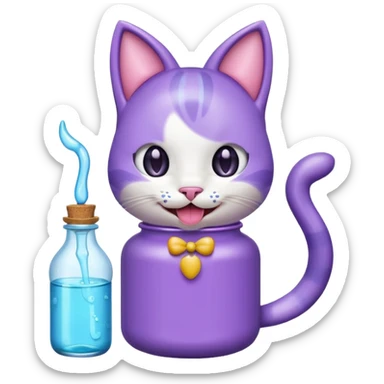 Smiling bottle of oil light purple top and light blue sticking tongue out and with cat ears sticker