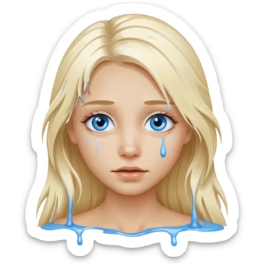 Blonde blue eyed long hair girl emoji with white paint all over its face dripping  sticker