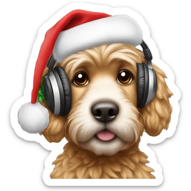 A cocka poo wearing head phones and a Christmas hat  sticker