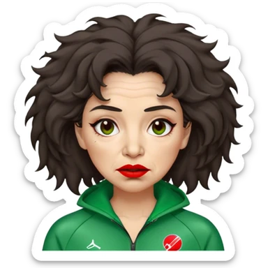 Han Mi-nyeo: Age Late 60s
A woman with many wrinkles face, frizzy, very messy dark brown hair and dramatic red lipstick.
Outfit: Green player tracksuit sticker