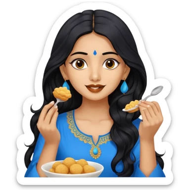 a pretty tan indian bratz girl with wavy long BLACK hair. eyeliner on, wearing a blue kurti, eating golgappa (without spoon) sticker