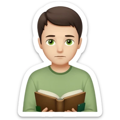 Thoughtful gentle man, fair skin, short dark brown hair, calm green eyes, simple light green shirt, waist-up front-facing, holding a closed book, serene expression, minimal background, soft lighting. sticker