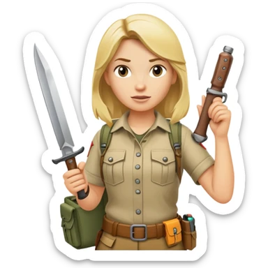 Blonde female wilderness explorer Melissa Backwoods holding a survival knife sticker