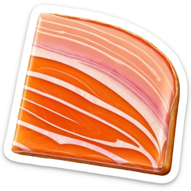 smoked trout slice, single piece, soft orange-pink with delicate marbling, translucent and slightly glossy, thin, naturally irregular shape, subtle folds, gently curved edges, no extras, soft lighting, subtle shadows, emoji scale sticker