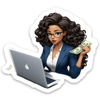 confident woman with laptop sticker