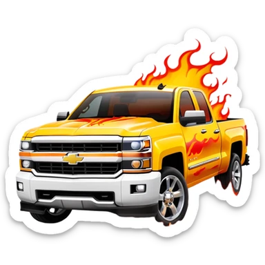 Bright yellow Chevrolet Silverado with professionally airbrushed red flame artwork with orange highlights, custom paint job like in Kill Bill, 30-degree angle showing detailed flames, iOS emoji style sticker