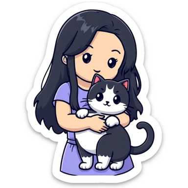 girl with long black hair holding a ginger cat sticker