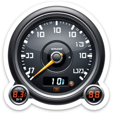An icon showing a racing game interface, inspired by Grand Turismo. The design features a garage with a selection of high-performance cars, along with race track visuals in the background. Speedometer, lap timer, and other HUD elements add to the excitement. Transparent background sticker