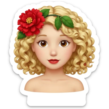 ["Fair skin female, curly blonde hair, red floral hair clip."] sticker