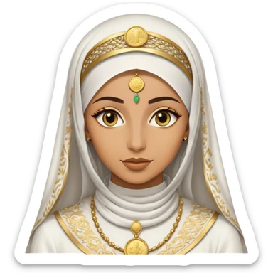 An Arab woman wearing a white and gold traditional with an ornate gold coin face veil  sticker