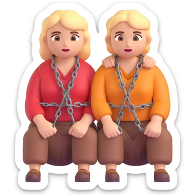 cartoonish emoji style tired helpless couple in rural clothes chained together angry villagers in the background colorful expressive scene sticker