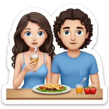 white girl, dark brown long slightly curly hair , skinni but with big breast , septum piercing on nose, beautiful dark gray-blue eyes, having luch with her bf  sticker