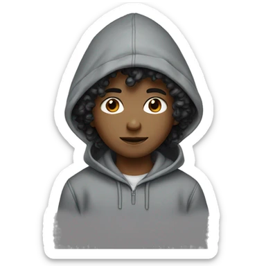 boy with black wavy curls black eyes with grey hoodie  sticker