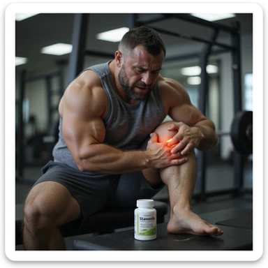 European powerlifter in competition clothing, sitting on a bench in a gym, massaging knee with painful expression, bottle labeled 'Stanozololo' nearby, realistic atmosphere, detailed joint pain, gym background sticker