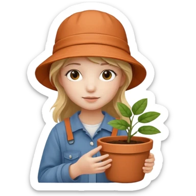 young girl wearing bucket hat, holding a plant pot sticker
