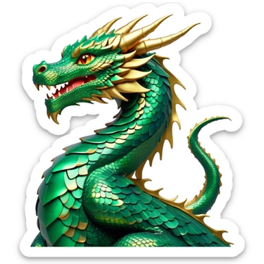 Cinematic Noble Dragon Portrait Emoji, Poised and majestic, with a sinuous, elongated body covered in intricately detailed, shimmering scales in hues of emerald and gold, and piercing, fiery eyes that reflect ancient wisdom; rendered with lifelike texture and natural highlights, high shine, intelligent and formidable, styled with an aura of mythic power, focused and attentive, soft glowing outline, capturing the essence of a legendary dragon that appears ready to soar out of the screen with timeless authority! sticker