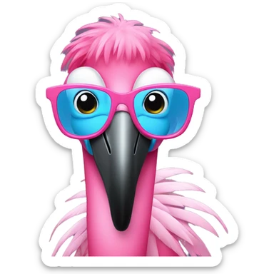 Blue flamingo with pink hair wearing pink glasses sticker