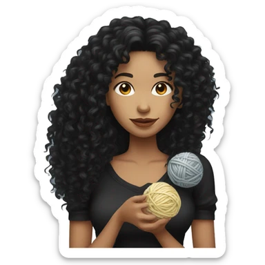 woman with long black curly hair holding a ball of yarn wearing black clothes sticker