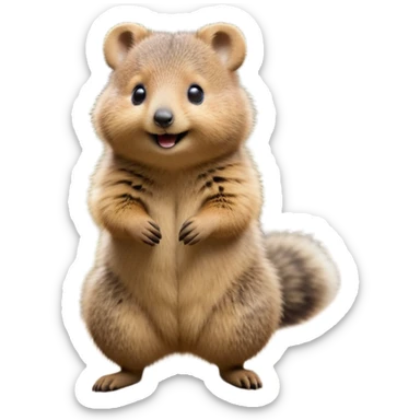 cinematic-quokka-realistic-full-body-standing on its hind legs hunched over-emoji,-small-round-frame-balanced-on-tiny-strong-hind-legs,giant fluffy cheeks large smile-fluffy-brown-fur-radiating-a-warm-softness,-big-round-eyes-filled-with-joy-and-innocence,-tiny-clawed-paws-held-close-to-chest,-cheerful-smile-exuding-endearing-happiness,-simplified-yet-realistic-focused-features,-highly-detailed,-glowing-with-a-sunny-warmth sticker