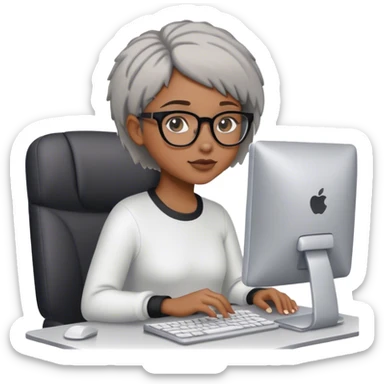 Light skinned Black girl with glasses short natural gray haircut working on computer sticker
