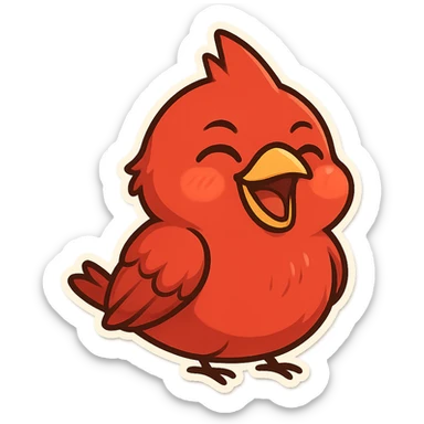 Chibi red male cardinal laughing with eyes closed and beak wide open, soft glowing cheeks, cozy cartoon emoji. sticker