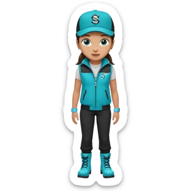 A landscaper in a beautiful turquoise jacket and turquoise boots, black pants, and a black sleeveless shirt. On his head is a black Swissotel baseball cap. The girl is a brunette with blue eyes. sticker
