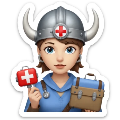 A young woman with beautiful blue eyes, short brown hair shaved on the sides, giving her a Viking look and a horned helmet. She holds a medical kit with a red cross icon in her hand. A stereoscope hangs around her neck. sticker