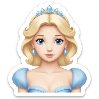 Cinematic Realistic Cinderella Portrait, depicted with lifelike porcelain skin, elegantly styled blonde hair, and a serene, graceful expression. Dressed in her classic ball gown with intricately detailed fabric textures and delicate pastel hues that catch soft, natural lighting, this portrait captures the timeless beauty of a fairy tale princess. sticker