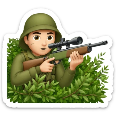 person sninping aiming with a long sniper in a big bush sticker