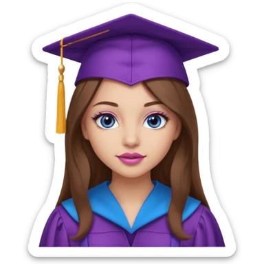 girl with gorgeous long brown hair, blue eyes, long lashes makeup, sexy pink lips, wearing a purple graduation cap and gown sticker